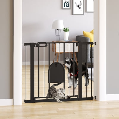 PawHut Dog Gate with Cat Flap Pet Safety Gate Barrier, Stair Pressure Fit, Auto Close, Double Locking, for Doorways, Hallways, 75-103 cm Black 