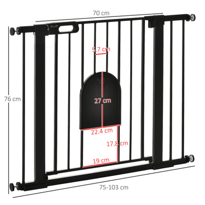 PawHut Dog Gate with Cat Flap Pet Safety Gate Barrier, Stair Pressure Fit, Auto Close, Double Locking, for Doorways, Hallways, 75-103 cm Black 