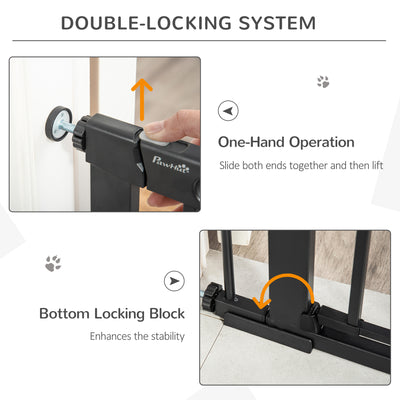 PawHut Dog Gate with Cat Flap Pet Safety Gate Barrier, Stair Pressure Fit, Auto Close, Double Locking, for Doorways, Hallways, 75-103 cm Black 