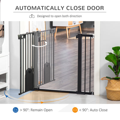 PawHut Dog Gate with Cat Flap Pet Safety Gate Barrier, Stair Pressure Fit, Auto Close, Double Locking, for Doorways, Hallways, 75-103 cm Black 