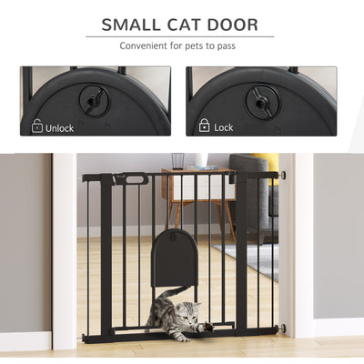PawHut Dog Gate with Cat Flap Pet Safety Gate Barrier, Stair Pressure Fit, Auto Close, Double Locking, for Doorways, Hallways, 75-103 cm Black 