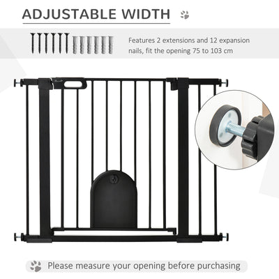 PawHut Dog Gate with Cat Flap Pet Safety Gate Barrier, Stair Pressure Fit, Auto Close, Double Locking, for Doorways, Hallways, 75-103 cm Black 