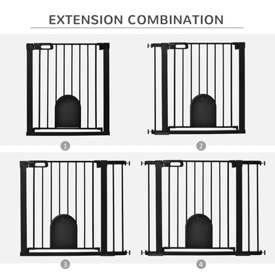 PawHut Dog Gate with Cat Flap Pet Safety Gate Barrier, Stair Pressure Fit, Auto Close, Double Locking, for Doorways, Hallways, 75-103 cm Black 
