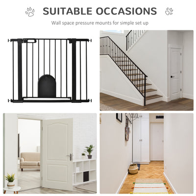 PawHut Dog Gate with Cat Flap Pet Safety Gate Barrier, Stair Pressure Fit, Auto Close, Double Locking, for Doorways, Hallways, 75-103 cm Black 