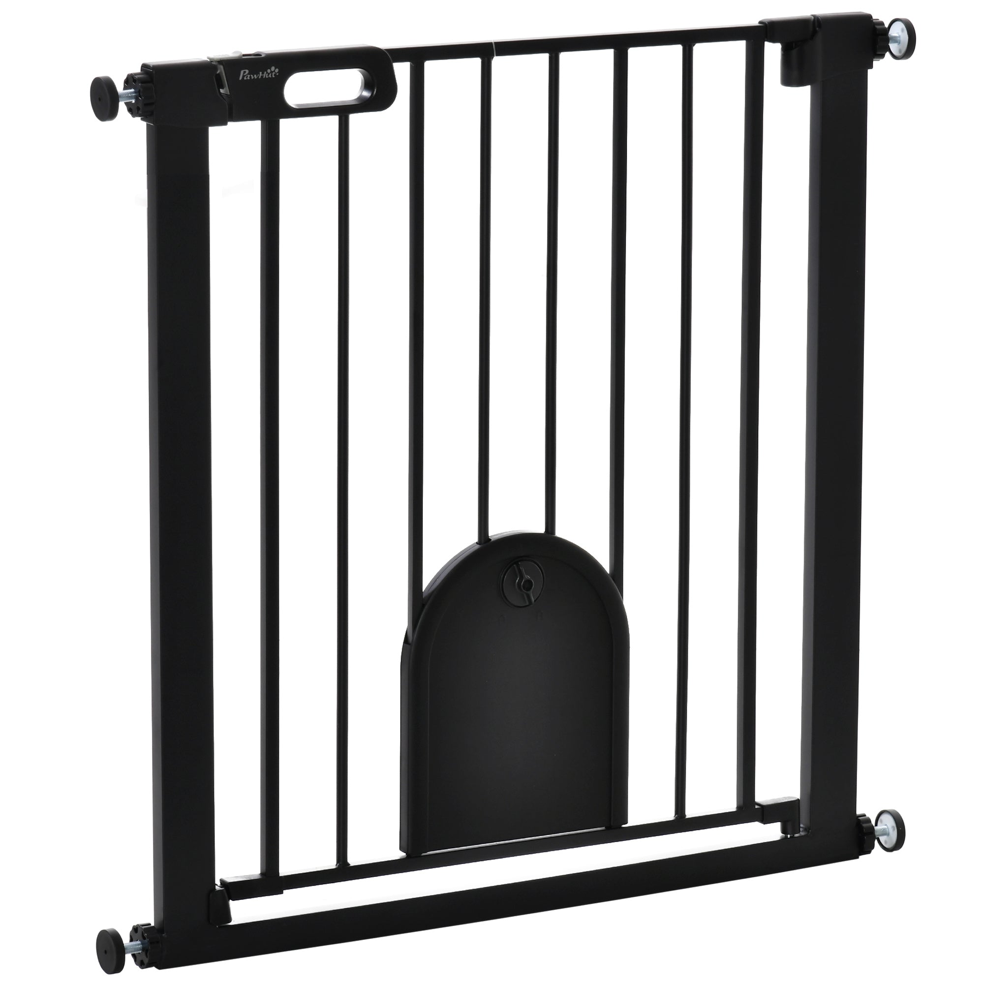 PawHut Dog Gate with Cat Flap Pet Safety Gate Barrier, Stair Pressure Fit, Auto Close, Double Locking, for Doorways, Hallways, 75-82 cm Black 