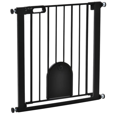 PawHut Dog Gate with Cat Flap Pet Safety Gate Barrier, Stair Pressure Fit, Auto Close, Double Locking, for Doorways, Hallways, 75-82 cm Black 