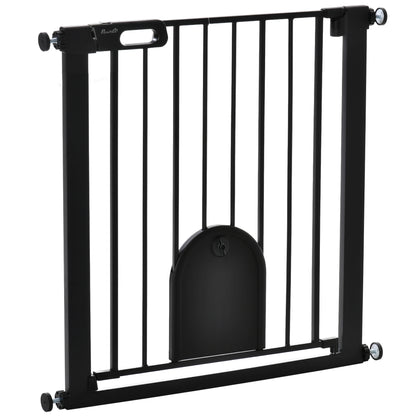 PawHut Dog Gate with Cat Flap Pet Safety Gate Barrier, Stair Pressure Fit, Auto Close, Double Locking, for Doorways, Hallways, 75-82 cm Black 