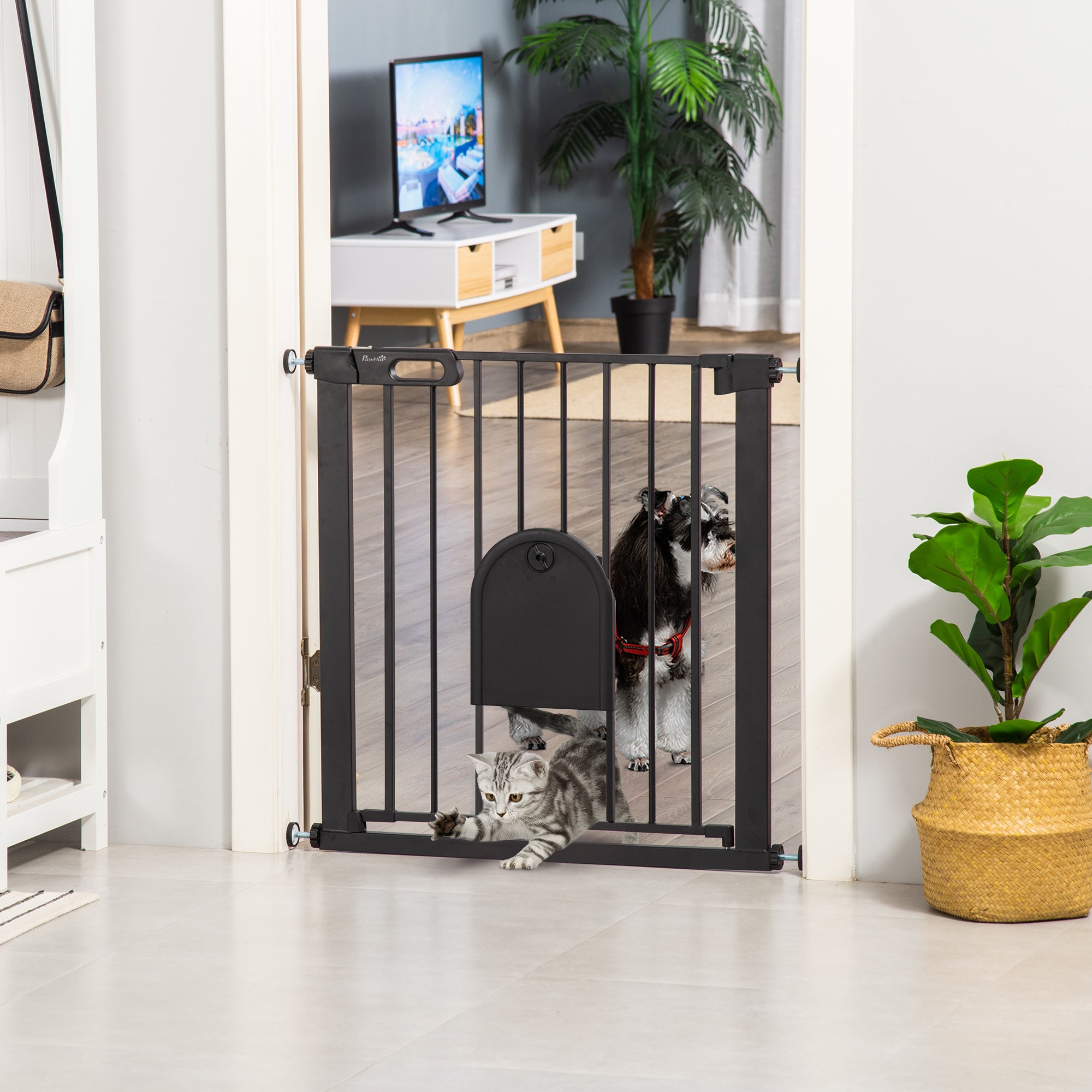 PawHut Dog Gate with Cat Flap Pet Safety Gate Barrier, Stair Pressure Fit, Auto Close, Double Locking, for Doorways, Hallways, 75-82 cm Black 