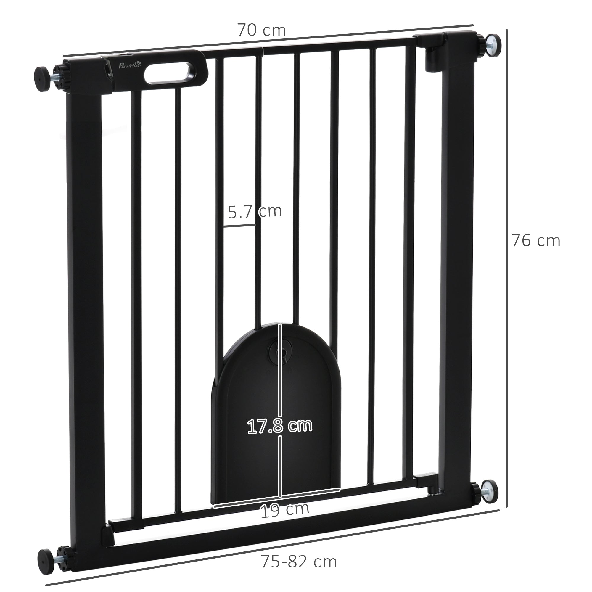 PawHut Dog Gate with Cat Flap Pet Safety Gate Barrier, Stair Pressure Fit, Auto Close, Double Locking, for Doorways, Hallways, 75-82 cm Black 