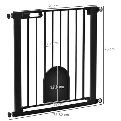 PawHut Dog Gate with Cat Flap Pet Safety Gate Barrier, Stair Pressure Fit, Auto Close, Double Locking, for Doorways, Hallways, 75-82 cm Black 