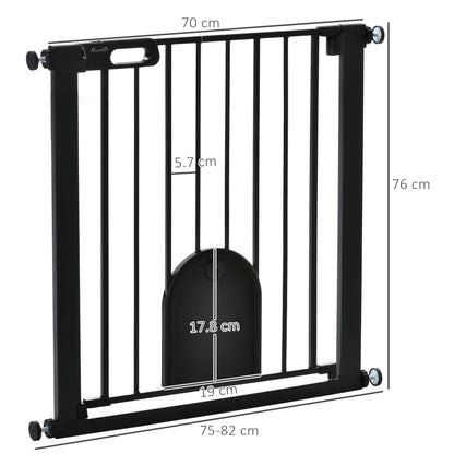 PawHut Dog Gate with Cat Flap Pet Safety Gate Barrier, Stair Pressure Fit, Auto Close, Double Locking, for Doorways, Hallways, 75-82 cm Black 