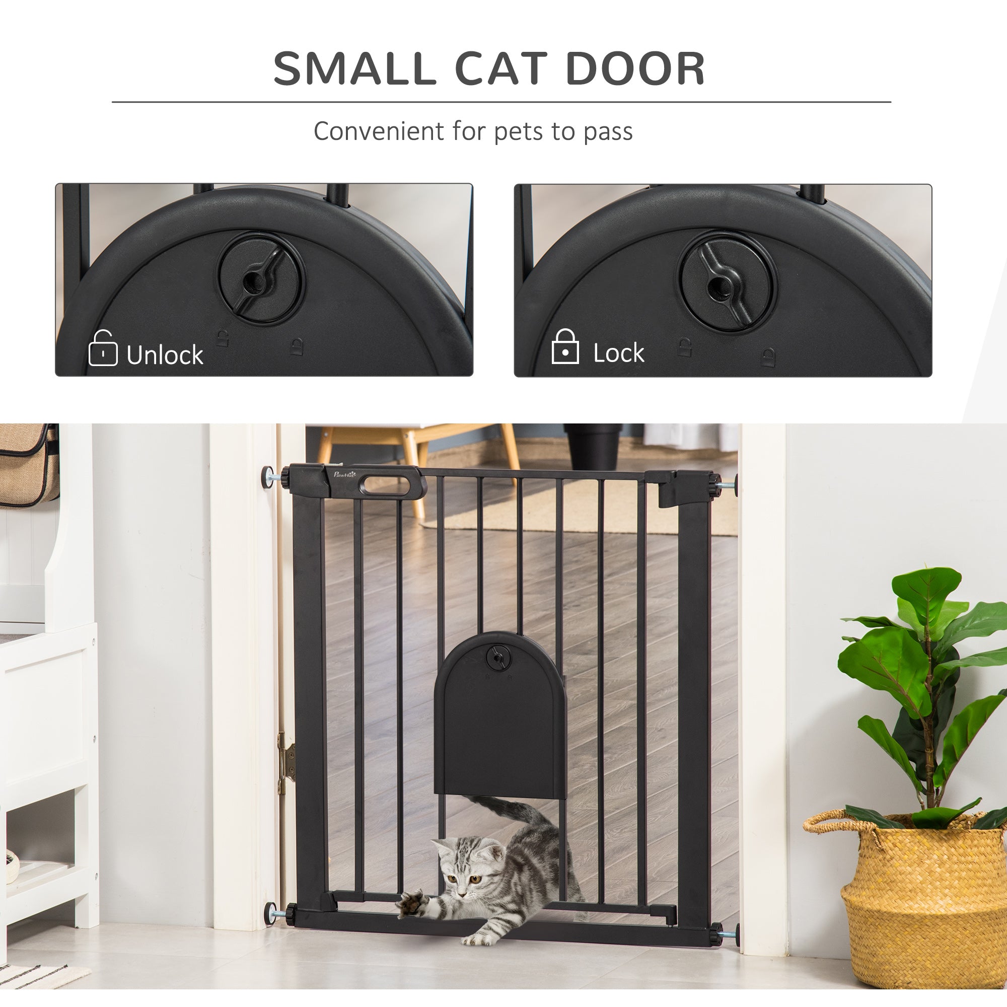 PawHut Dog Gate with Cat Flap Pet Safety Gate Barrier, Stair Pressure Fit, Auto Close, Double Locking, for Doorways, Hallways, 75-82 cm Black 