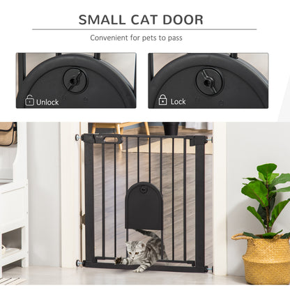 PawHut Dog Gate with Cat Flap Pet Safety Gate Barrier, Stair Pressure Fit, Auto Close, Double Locking, for Doorways, Hallways, 75-82 cm Black 