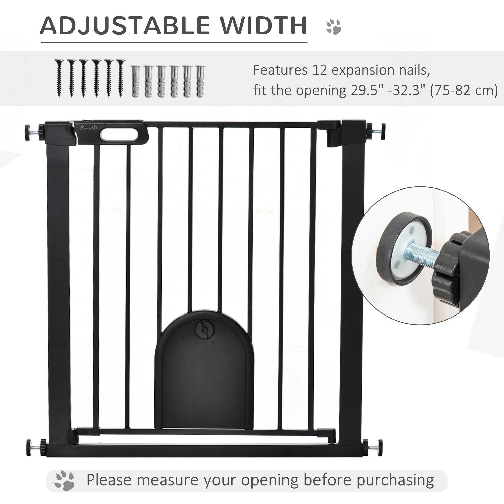 PawHut Dog Gate with Cat Flap Pet Safety Gate Barrier, Stair Pressure Fit, Auto Close, Double Locking, for Doorways, Hallways, 75-82 cm Black 
