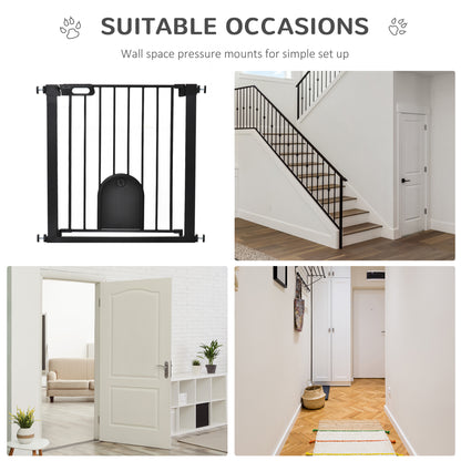 PawHut Dog Gate with Cat Flap Pet Safety Gate Barrier, Stair Pressure Fit, Auto Close, Double Locking, for Doorways, Hallways, 75-82 cm Black 