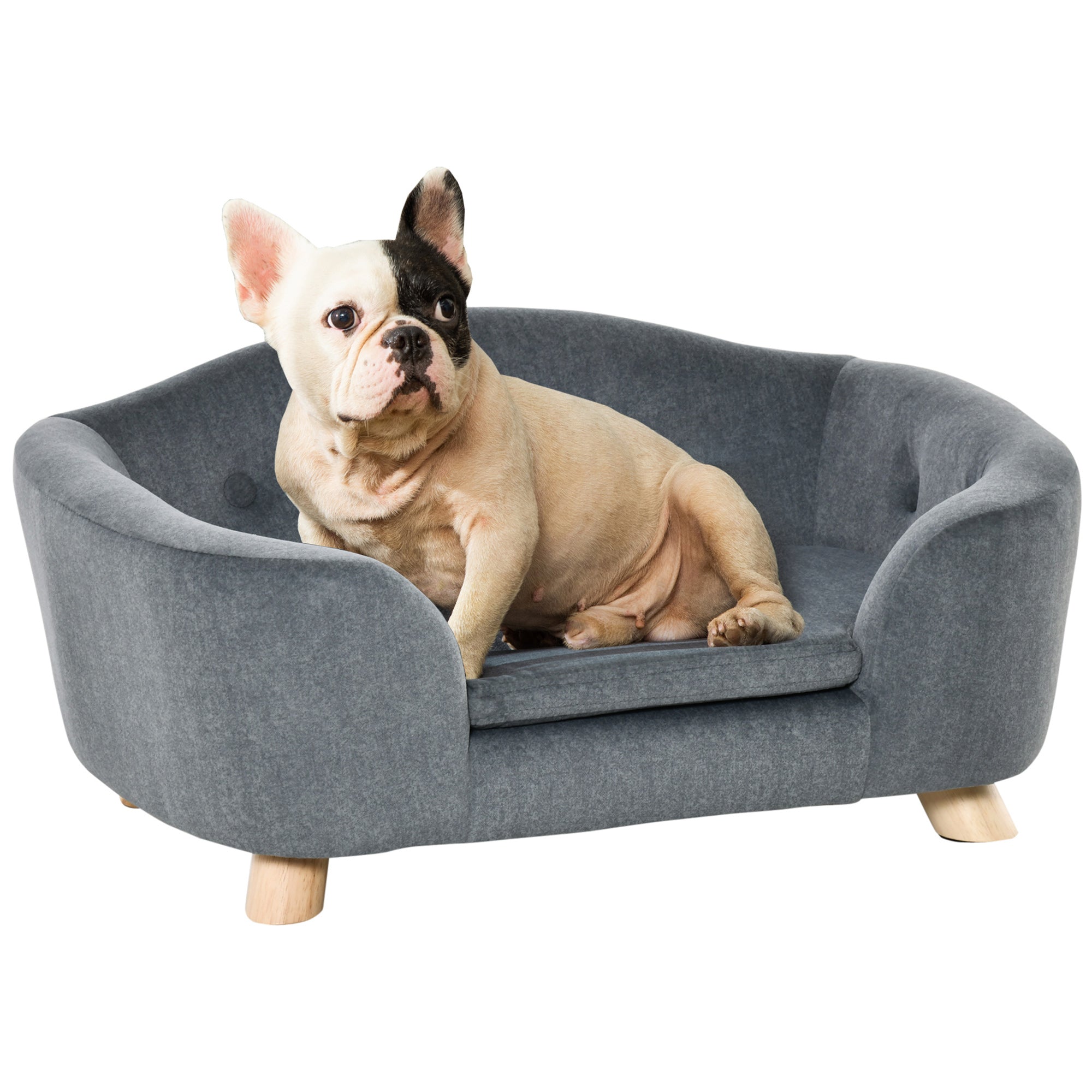PawHut Dog Sofa Bed Pet Chair Couch with Water Resistant Fabric, Kitten Lounge with Soft Cushion Washable Cover, Wooden Frame for Mini Size Dogs - Grey 