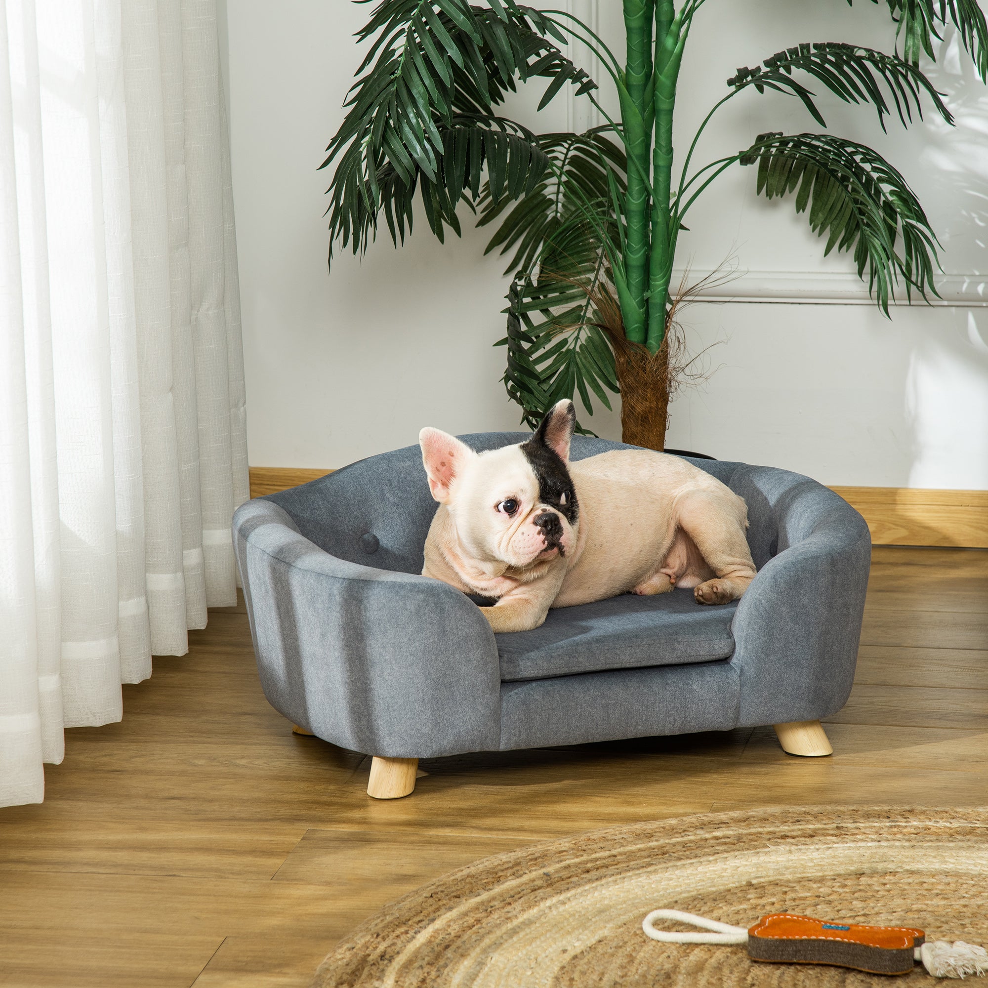 PawHut Dog Sofa Bed Pet Chair Couch with Water Resistant Fabric, Kitten Lounge with Soft Cushion Washable Cover, Wooden Frame for Mini Size Dogs - Grey 