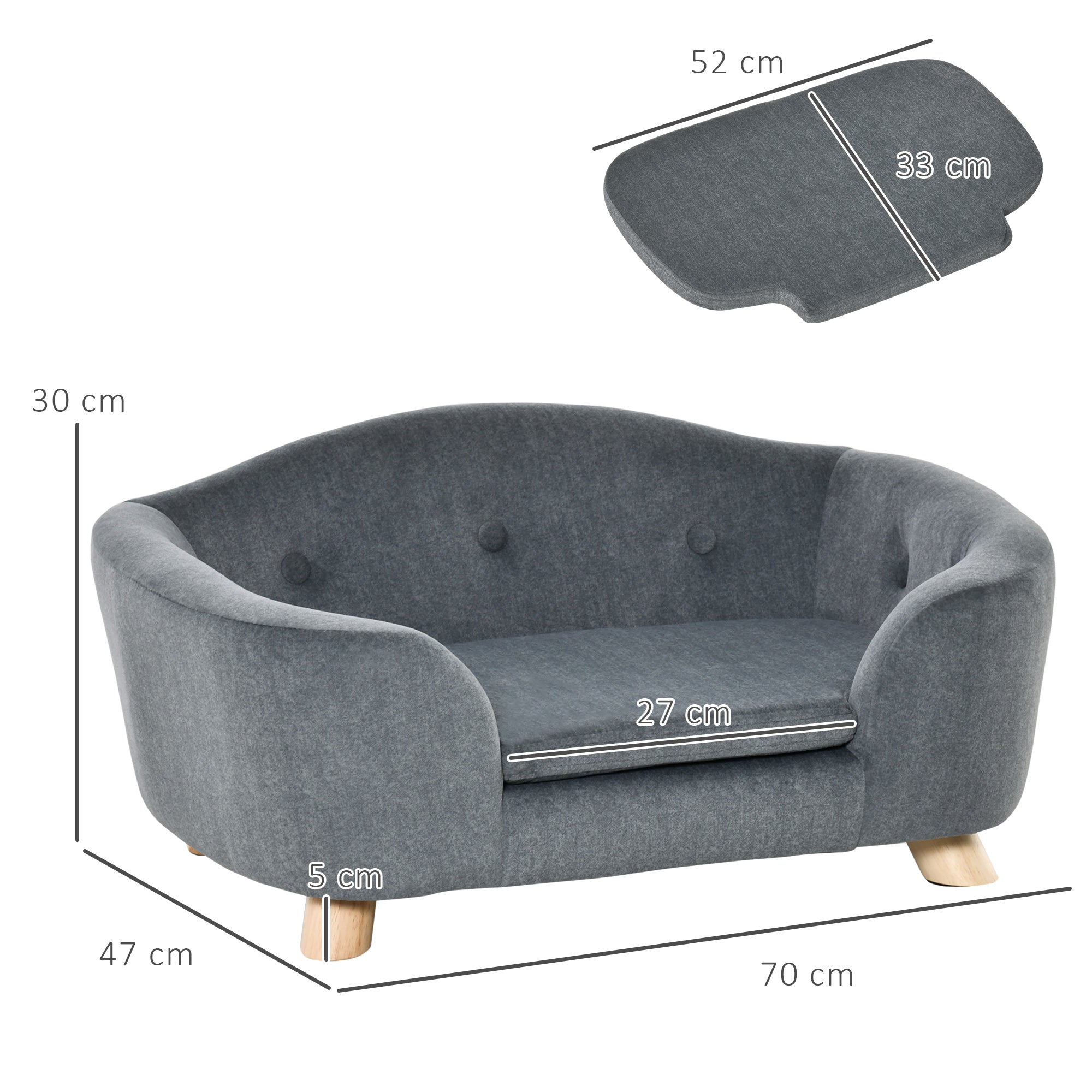 PawHut Dog Sofa Bed Pet Chair Couch with Water Resistant Fabric, Kitten Lounge with Soft Cushion Washable Cover, Wooden Frame for Mini Size Dogs - Grey 