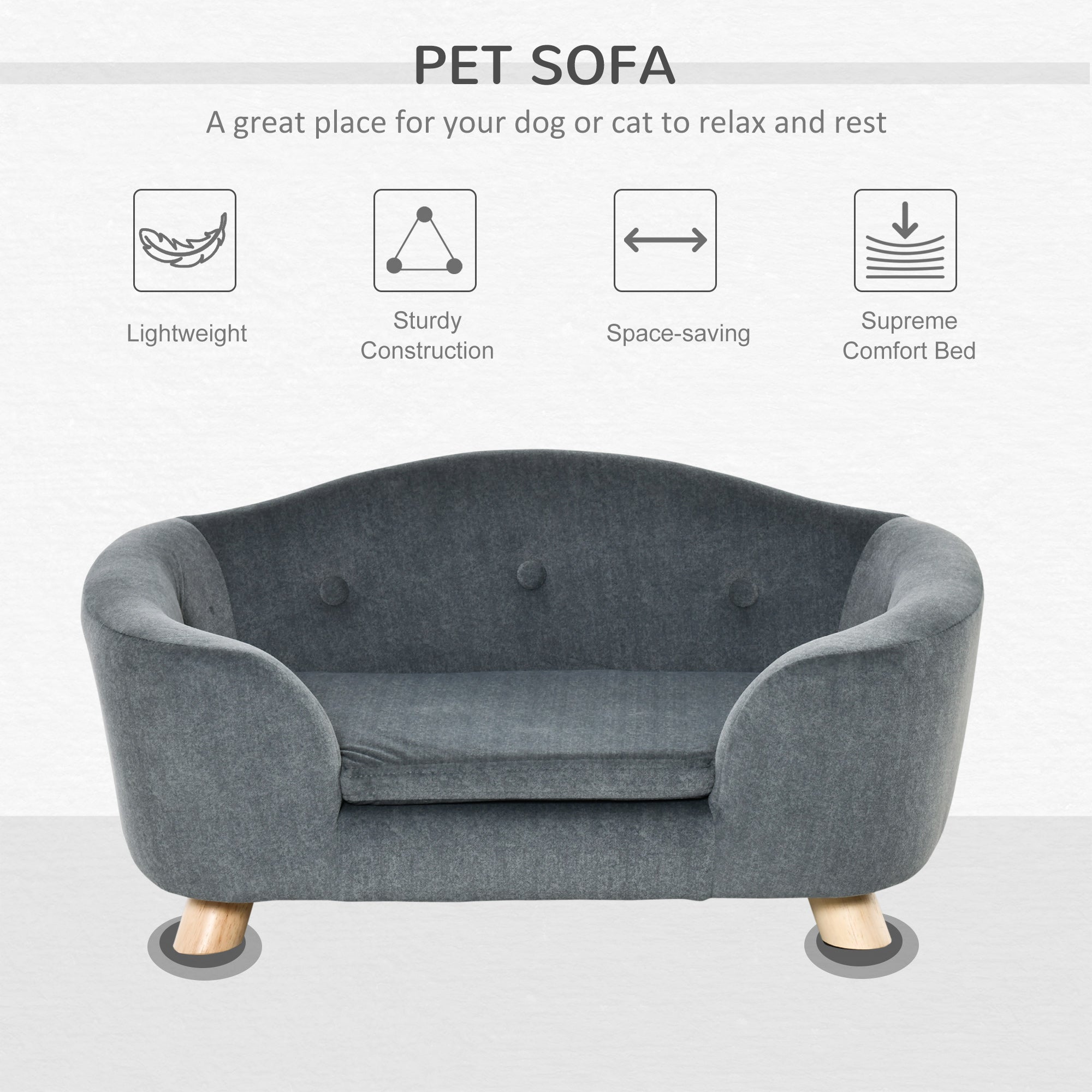 PawHut Dog Sofa Bed Pet Chair Couch with Water Resistant Fabric, Kitten Lounge with Soft Cushion Washable Cover, Wooden Frame for Mini Size Dogs - Grey 