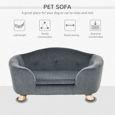 PawHut Dog Sofa Bed Pet Chair Couch with Water Resistant Fabric, Kitten Lounge with Soft Cushion Washable Cover, Wooden Frame for Mini Size Dogs - Grey 
