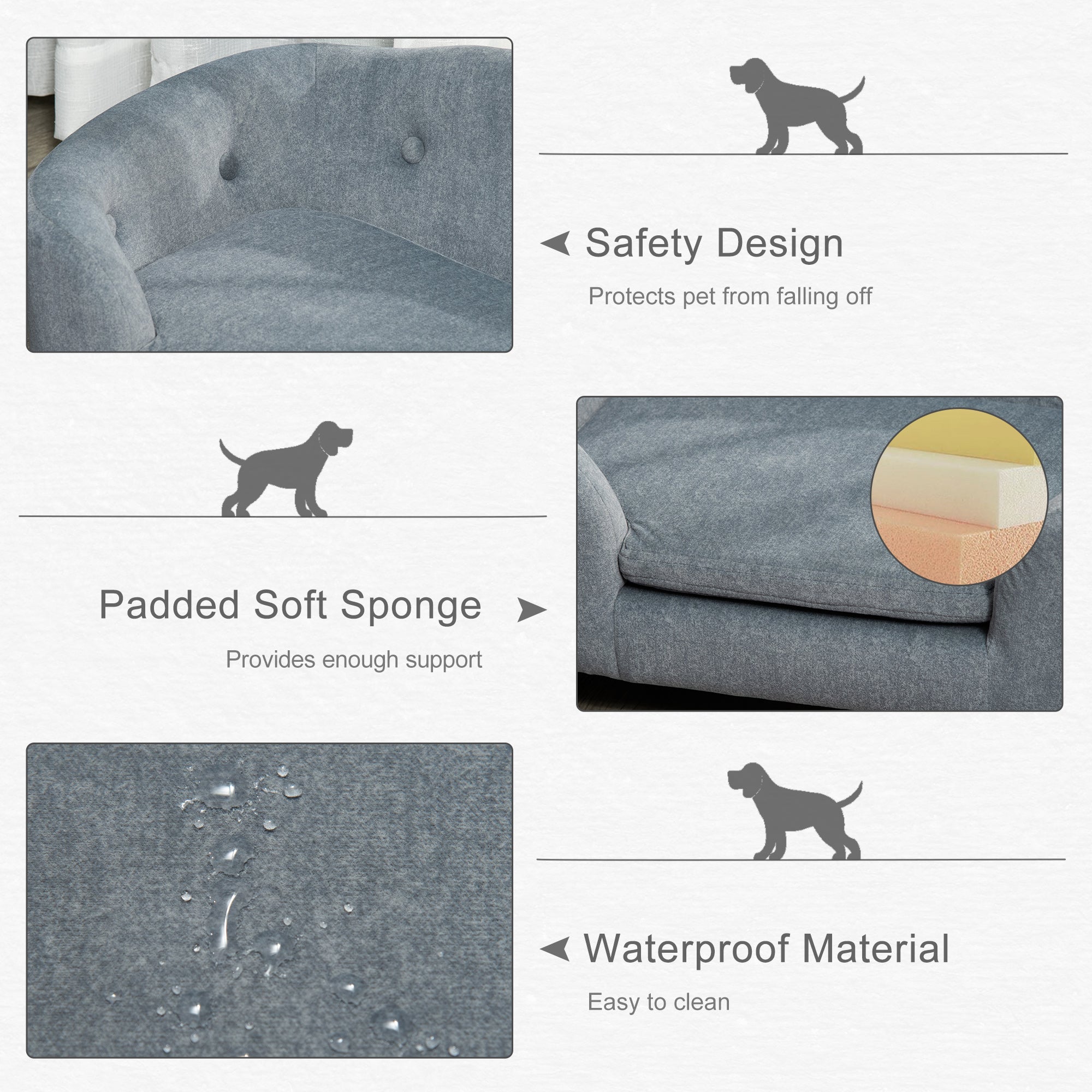 PawHut Dog Sofa Bed Pet Chair Couch with Water Resistant Fabric, Kitten Lounge with Soft Cushion Washable Cover, Wooden Frame for Mini Size Dogs - Grey 