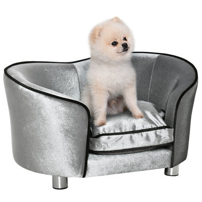 PawHut Dog Sofa Pet Chair, Kitten Bed Couch w/ Wooden Frame, Removable Cushion - Silver-Tone and Grey 