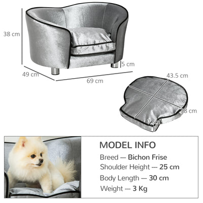 PawHut Dog Sofa Pet Chair, Kitten Bed Couch w/ Wooden Frame, Removable Cushion - Silver-Tone and Grey 