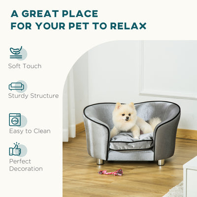 PawHut Dog Sofa Pet Chair, Kitten Bed Couch w/ Wooden Frame, Removable Cushion - Silver-Tone and Grey 