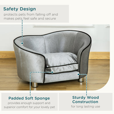 PawHut Dog Sofa Pet Chair, Kitten Bed Couch w/ Wooden Frame, Removable Cushion - Silver-Tone and Grey 
