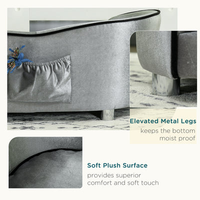 PawHut Dog Sofa Pet Chair, Kitten Bed Couch w/ Wooden Frame, Removable Cushion - Silver-Tone and Grey 