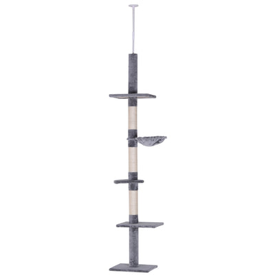 PawHut Floor to Ceiling Cat Tree for Indoor Cats 5-Tier Kitty Tower Climbing Activity Center Scratching Post Adjustable Height 230-260 cm Grey 
