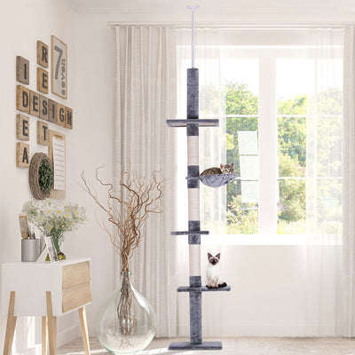 PawHut Floor to Ceiling Cat Tree for Indoor Cats 5-Tier Kitty Tower Climbing Activity Center Scratching Post Adjustable Height 230-260 cm Grey 