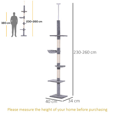 PawHut Floor to Ceiling Cat Tree for Indoor Cats 5-Tier Kitty Tower Climbing Activity Center Scratching Post Adjustable Height 230-260 cm Grey 