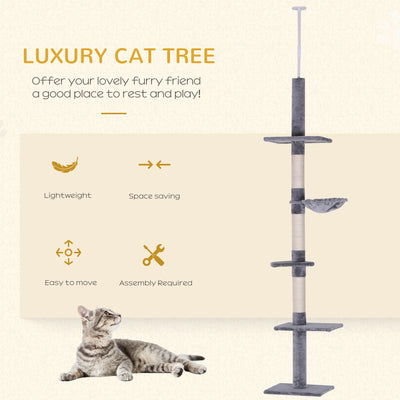 PawHut Floor to Ceiling Cat Tree for Indoor Cats 5-Tier Kitty Tower Climbing Activity Center Scratching Post Adjustable Height 230-260 cm Grey 