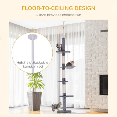 PawHut Floor to Ceiling Cat Tree for Indoor Cats 5-Tier Kitty Tower Climbing Activity Center Scratching Post Adjustable Height 230-260 cm Grey 