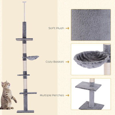 PawHut Floor to Ceiling Cat Tree for Indoor Cats 5-Tier Kitty Tower Climbing Activity Center Scratching Post Adjustable Height 230-260 cm Grey 