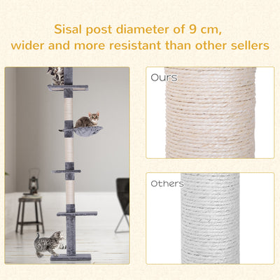 PawHut Floor to Ceiling Cat Tree for Indoor Cats 5-Tier Kitty Tower Climbing Activity Center Scratching Post Adjustable Height 230-260 cm Grey 