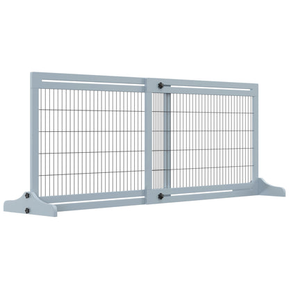PawHut Freestanding Dog Gate, Foldable Pet Fence, Indoor Wood Barrier, Stair Gate with Support Feet, for Doorway, Hallway, Small and Medium Dogs, 69H x 104-183 cm, Blue-grey 