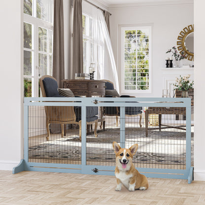 PawHut Freestanding Dog Gate, Foldable Pet Fence, Indoor Wood Barrier, Stair Gate with Support Feet, for Doorway, Hallway, Small and Medium Dogs, 69H x 104-183 cm, Blue-grey 