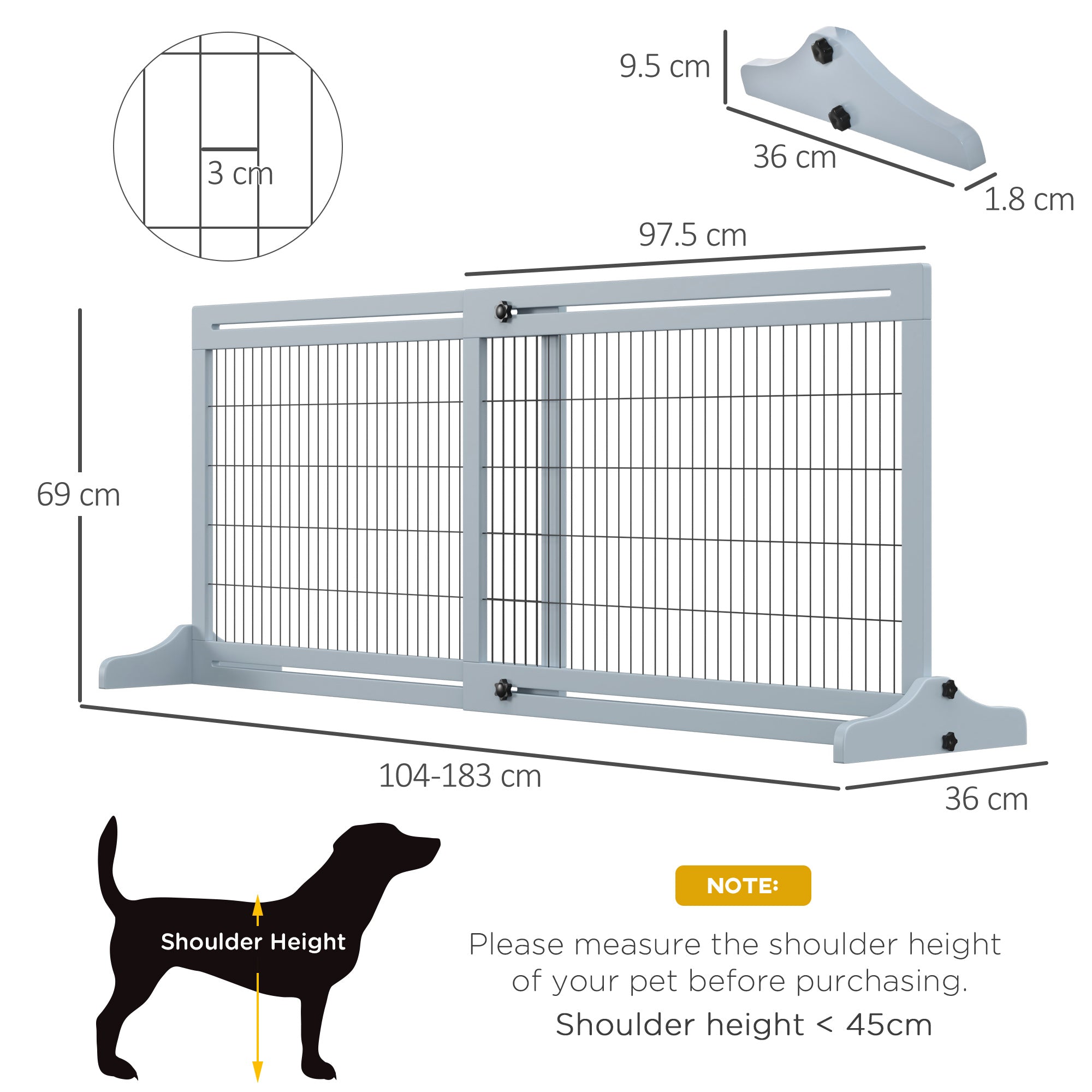PawHut Freestanding Dog Gate, Foldable Pet Fence, Indoor Wood Barrier, Stair Gate with Support Feet, for Doorway, Hallway, Small and Medium Dogs, 69H x 104-183 cm, Blue-grey 