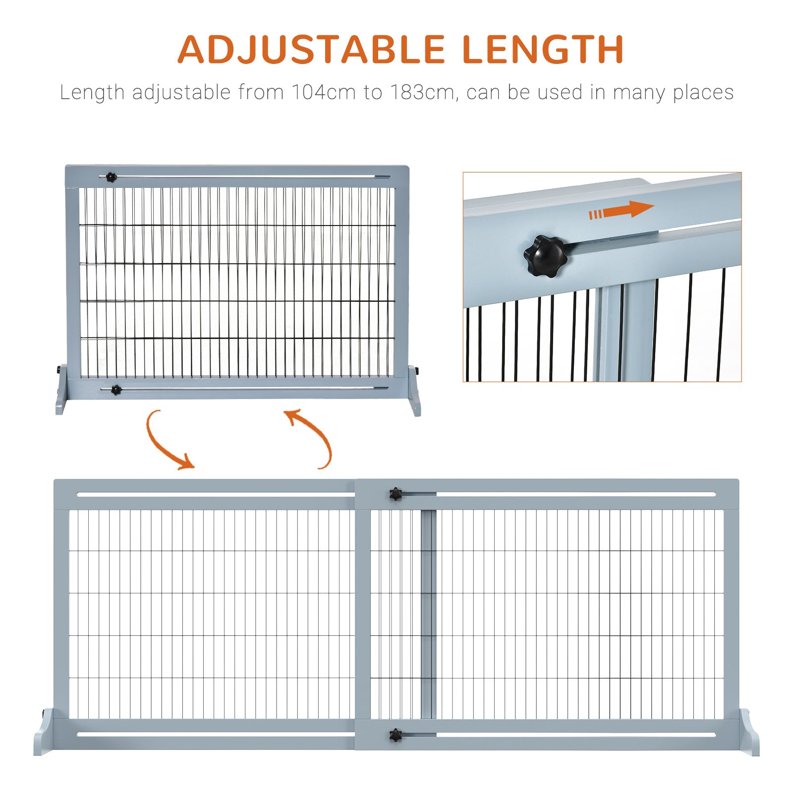 PawHut Freestanding Dog Gate, Foldable Pet Fence, Indoor Wood Barrier, Stair Gate with Support Feet, for Doorway, Hallway, Small and Medium Dogs, 69H x 104-183 cm, Blue-grey 
