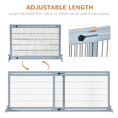 PawHut Freestanding Dog Gate, Foldable Pet Fence, Indoor Wood Barrier, Stair Gate with Support Feet, for Doorway, Hallway, Small and Medium Dogs, 69H x 104-183 cm, Blue-grey 