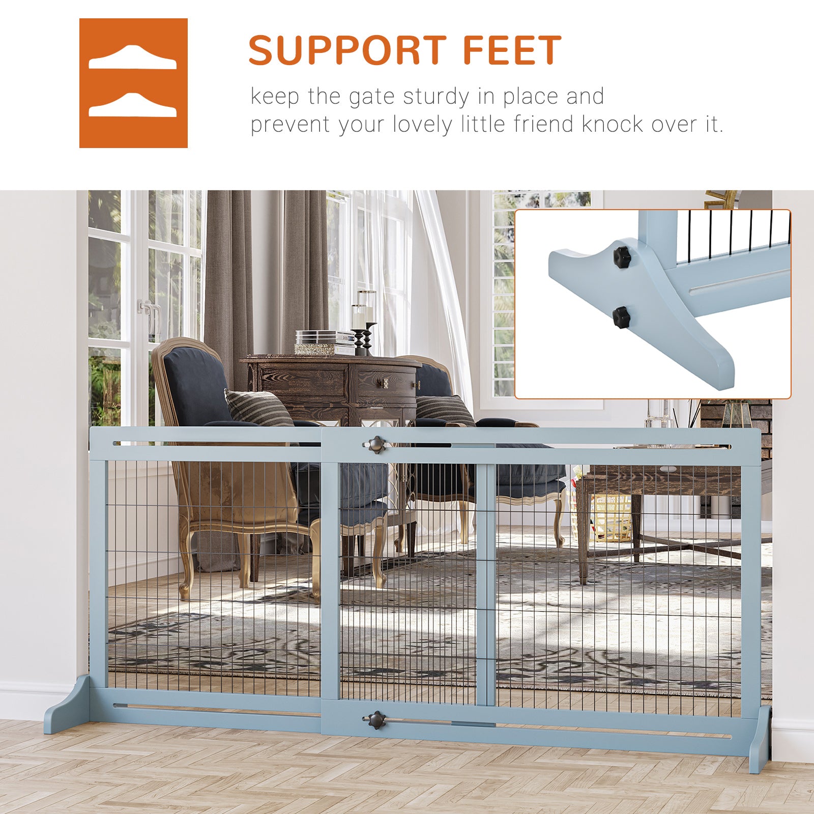 PawHut Freestanding Dog Gate, Foldable Pet Fence, Indoor Wood Barrier, Stair Gate with Support Feet, for Doorway, Hallway, Small and Medium Dogs, 69H x 104-183 cm, Blue-grey 