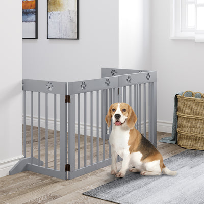 PawHut Freestanding Pet Gate 4 Panel Folding Wooden Dog Barrier w/ Support Feet 