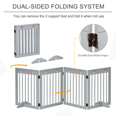 PawHut Freestanding Pet Gate 4 Panel Folding Wooden Dog Barrier w/ Support Feet 