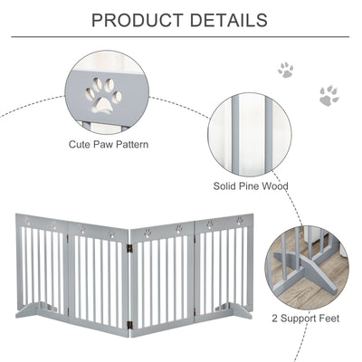PawHut Freestanding Pet Gate 4 Panel Folding Wooden Dog Barrier w/ Support Feet 