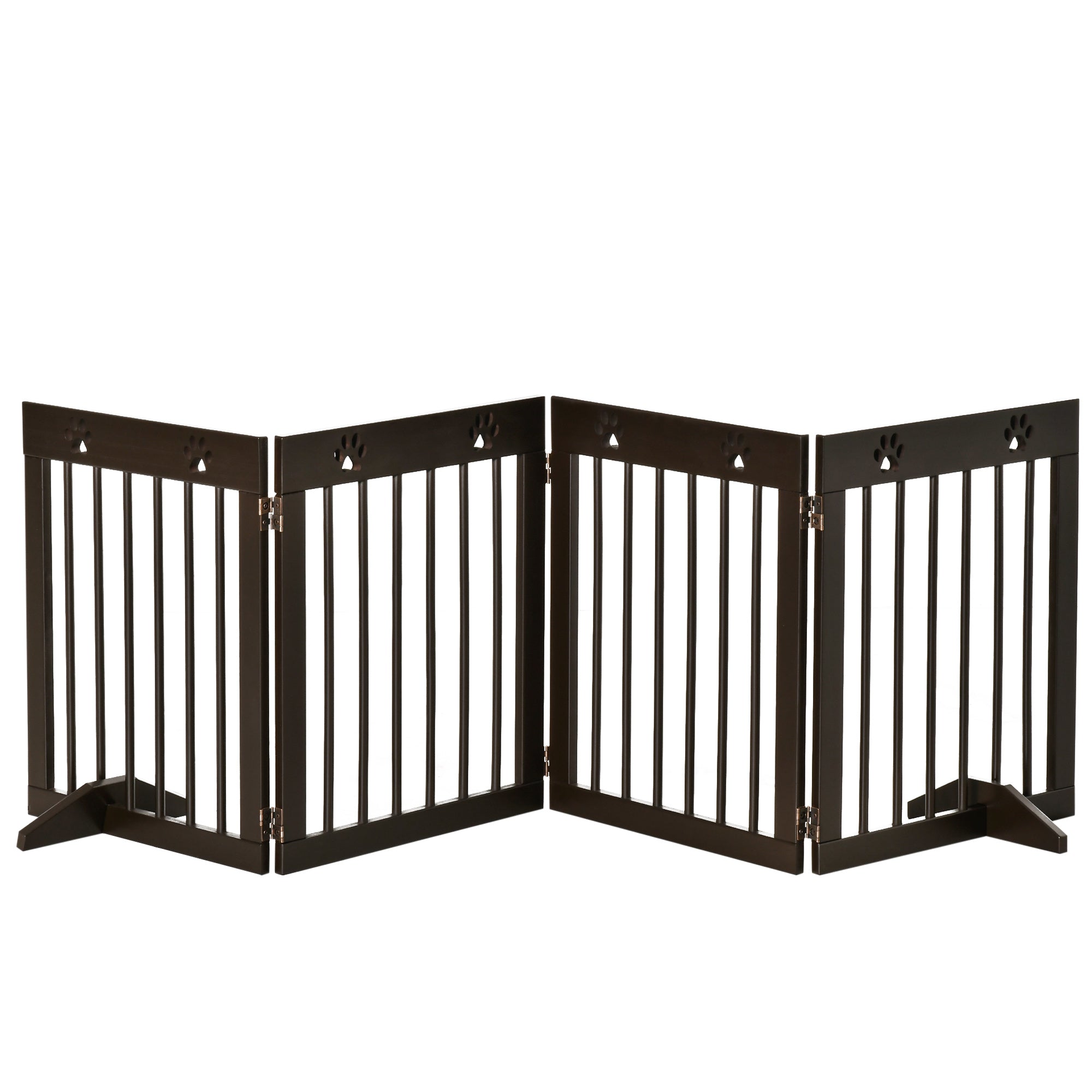 PawHut Freestanding Pet Gate 4 Panel Wooden Dog Barrier Folding Safety Fence with Support Feet up to 204cm Long 61cm Tall for Doorway Stairs Brown 