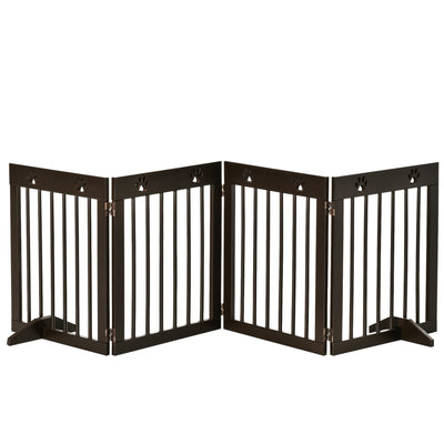 PawHut Freestanding Pet Gate 4 Panel Wooden Dog Barrier Folding Safety Fence with Support Feet up to 204cm Long 61cm Tall for Doorway Stairs Brown 
