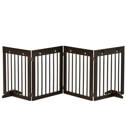 PawHut Freestanding Pet Gate 4 Panel Wooden Dog Barrier Folding Safety Fence with Support Feet up to 204cm Long 61cm Tall for Doorway Stairs Brown 