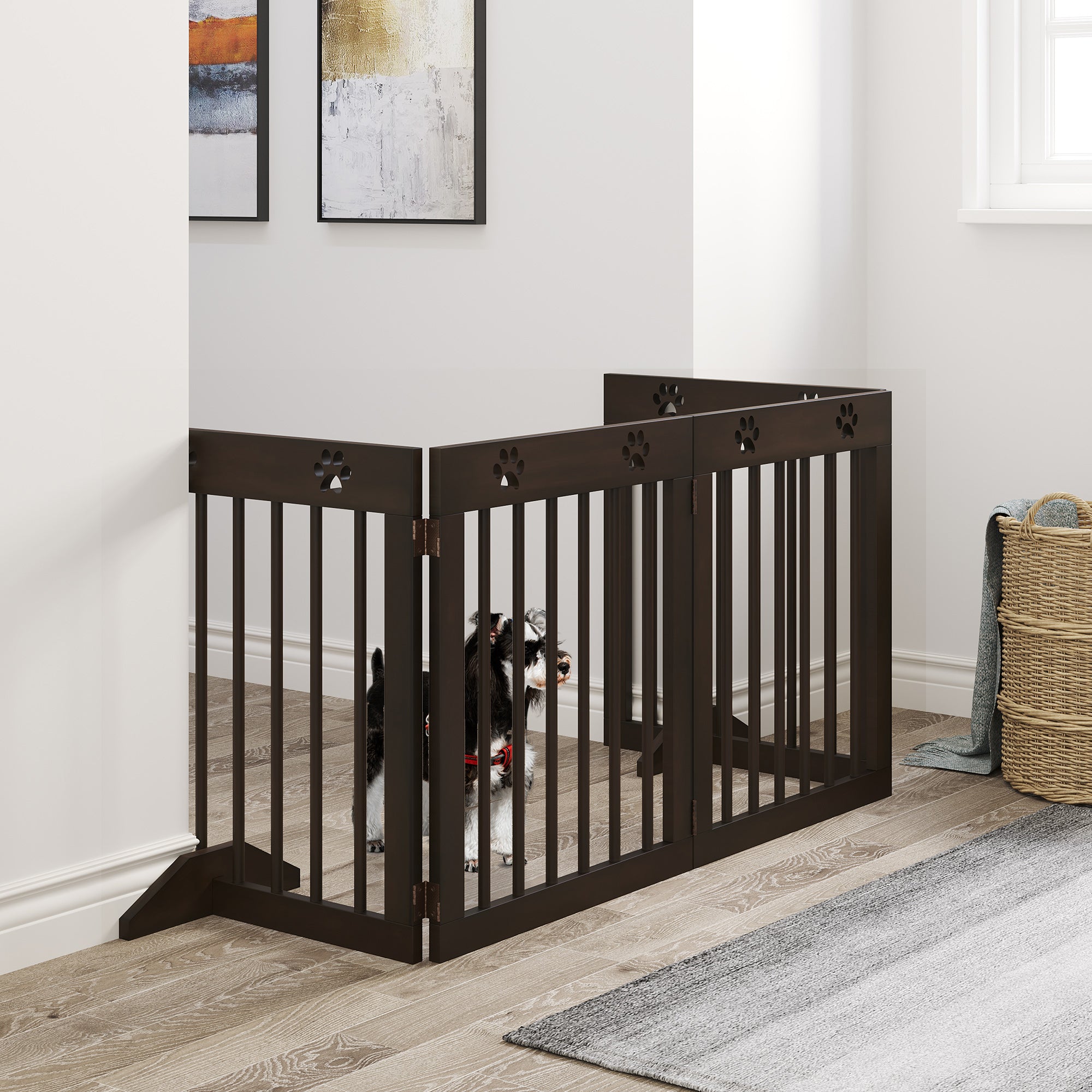 PawHut Freestanding Pet Gate 4 Panel Wooden Dog Barrier Folding Safety Fence with Support Feet up to 204cm Long 61cm Tall for Doorway Stairs Brown 